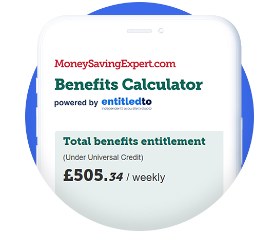 A screenshot image of MSE's 10-min benefit calculator on a mobile phone screen. The image includes a link to the calculator.