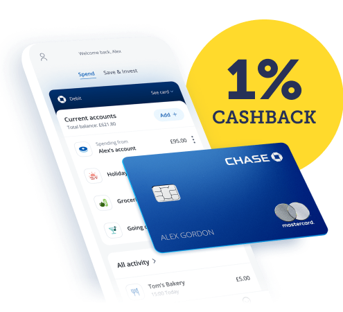 A mobile phone screen showing the Chase app, with a Chase debit card overlaid, plus text reading "1% cashback". The image links to a full review of the Chase current account in our Best current accounts guide.