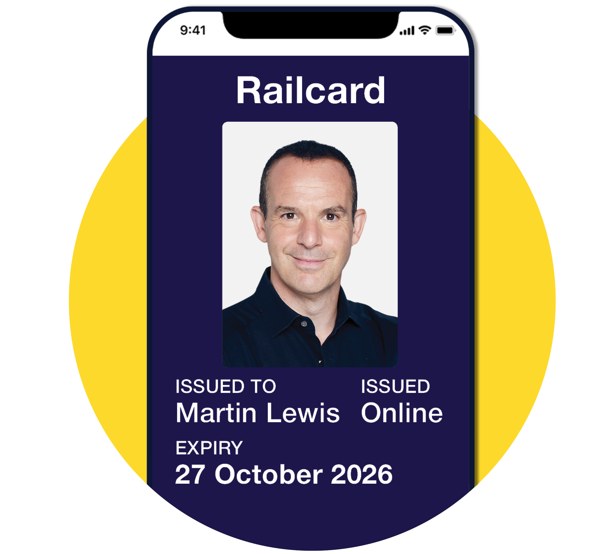 An image of a railcard with a profile photograph of Martin Lewis where the cardholders' photo would be. The card notes that it has been issued to Martin Lewis, was issued online and expires on 27 October 2026. The image links to our Cheap train tickets guide.