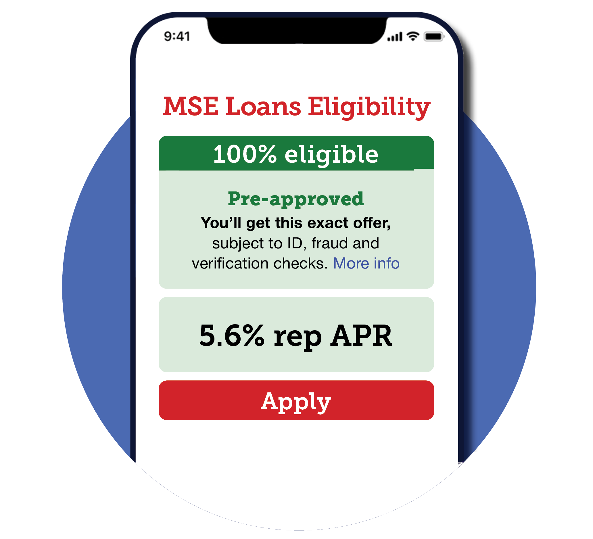 This is an image of MSE's loans eligibility calculator on a mobile screen. The link takes you to the loans eligibility calculator.