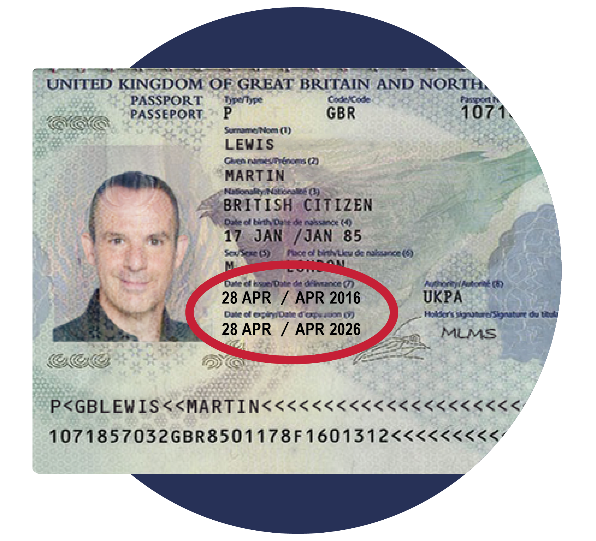 An image of a mocked-up passport for Martin Lewis, with a magnifying glass overlaid on it showing that the passport's date of issue was 28 April 2016 and its date of expiry is 26 April 2026. The image links to our Passport renewal tips guide.