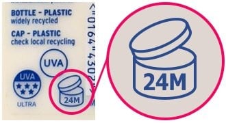 An image of a sun cream label, with the 24-month expiry symbol both circled and zoomed in on. The image links to the sun cream section of our overseas travel tips guide.