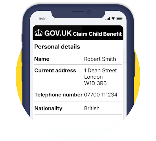 A mobile phone screen showing a mock-up of a Gov.uk website page, with the heading "Claim Child Benefit". It shows the personal details of a made-up claimant named Robert Smith. The link takes you to our full Child Benefit guide.