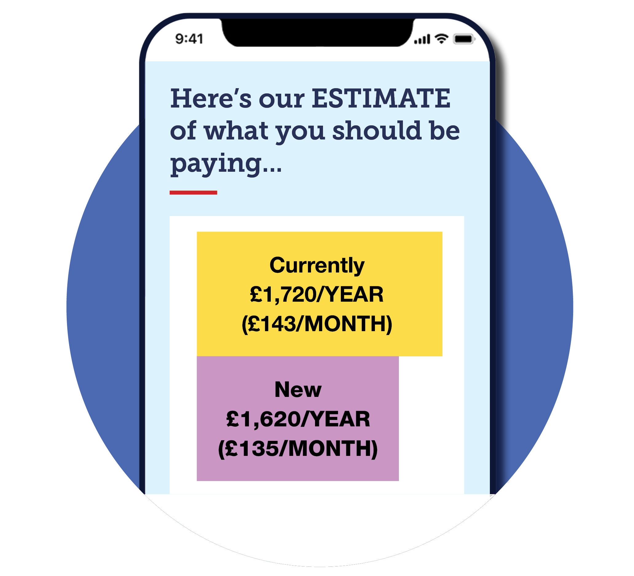 A screenshot image of MSE's 'Is your Direct Debit right?' energy calculator, mocked up on a mobile screen with a link to the calculator.