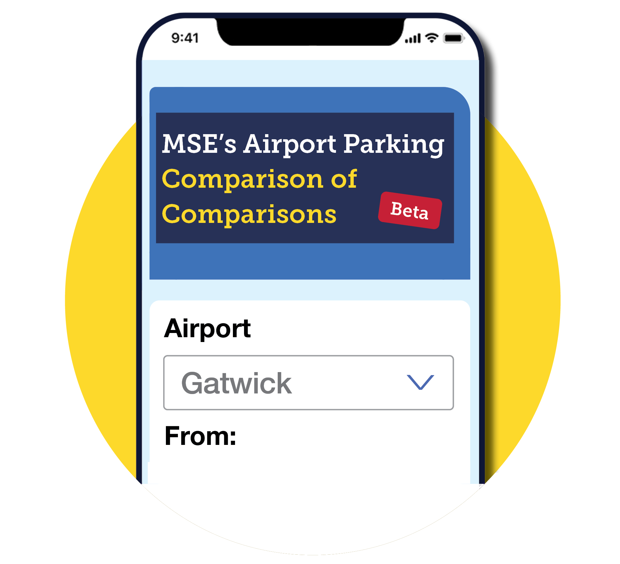 An image showing a screenshot of MSE's airport parking comparison of comparisons tool on a mobile phone screen. The link takes you to the calculator.