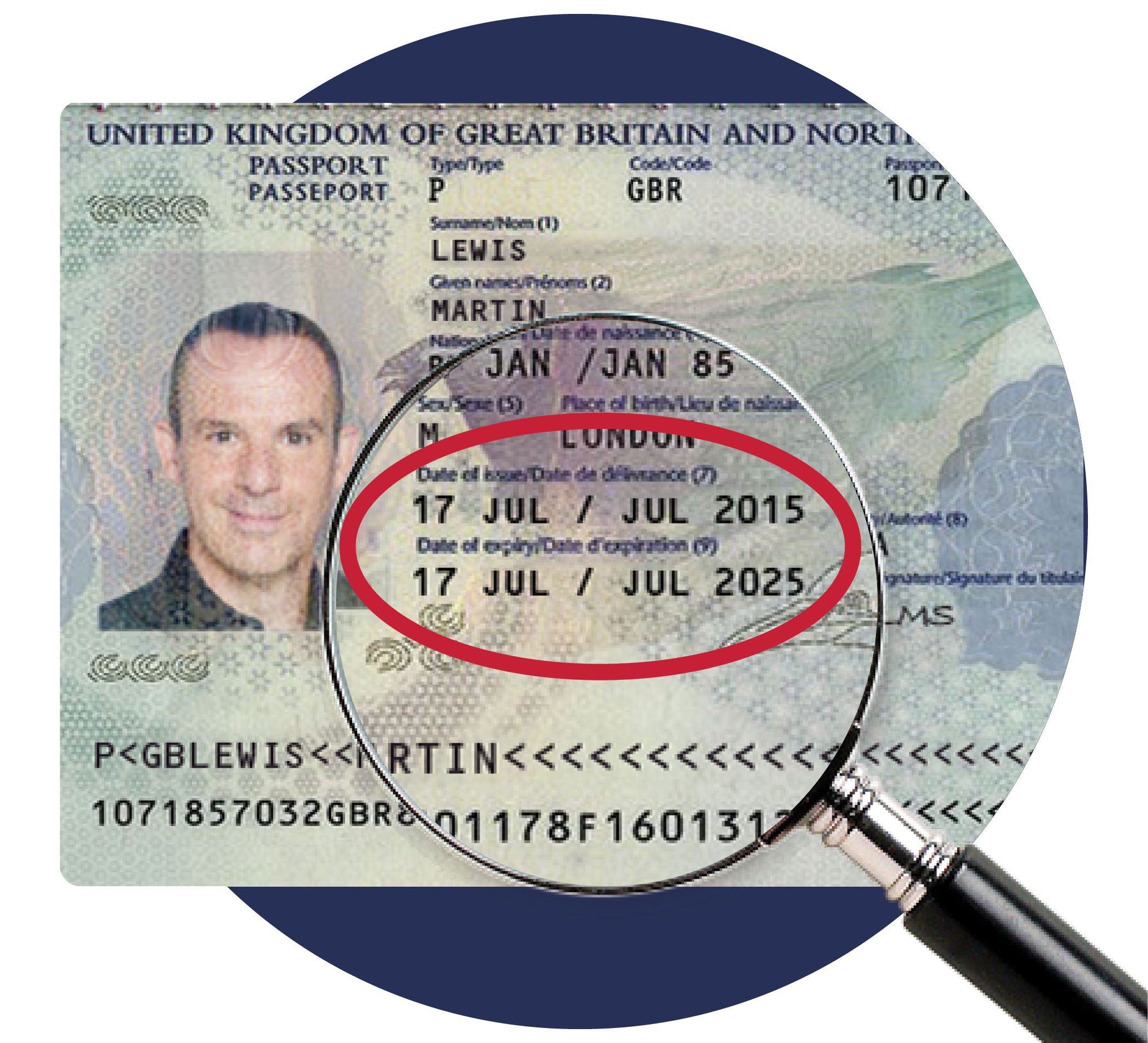 An image of a mocked-up passport for Martin Lewis, with a magnifying glass overlaid on it showing that the passport's date of issue was 17 July 2015 and its date of expiry is 17 July 2025. The image links to our Passport renewal tips guide.
