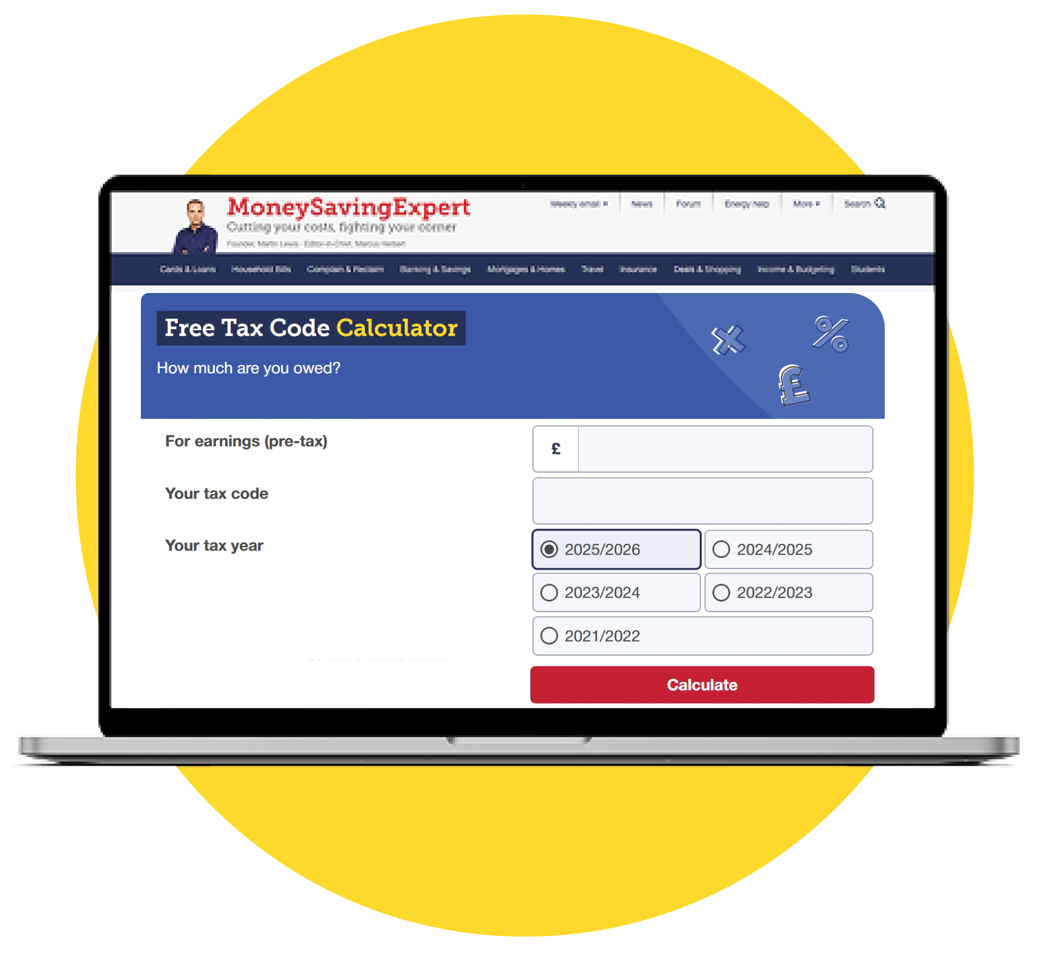 An image of a laptop on a yellow background. On the laptop screen is an image of MSE's Free Tax Code Calculator. The image links to our Free Tax Code Calculator tool and guide.