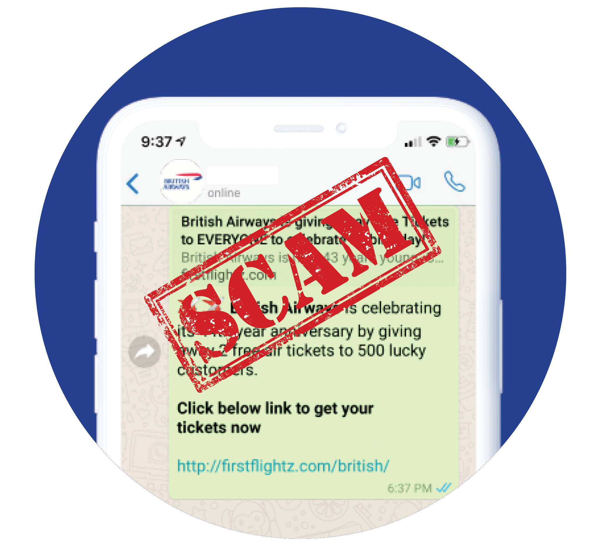 An image of a mobile phone screen displaying a scam WhatsApp message falsely branded as being from British Airways. The image links to our holiday scams to be aware of MSE News story.