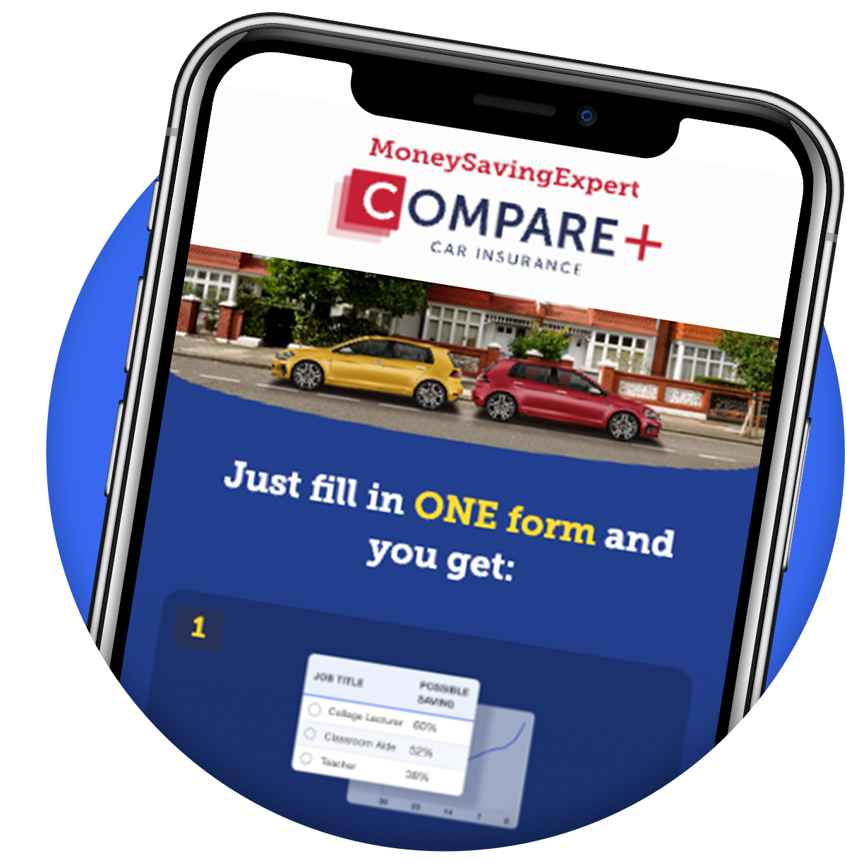 A mobile phone screen displaying our Compare+ Car Insurance tool. The link takes you to the tool itself.