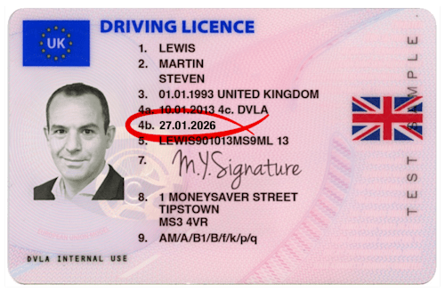 A mocked-up driving licence belonging to Martin Lewis. The expiry date of 27 January 2026 is ringed in red. Other details include the name "Martin Steven Lewis", a date of birth reading "1 January 1993", and an address of 1 MoneySaver Street in Tipstown. It links to our How do I renew my driving licence? guide.