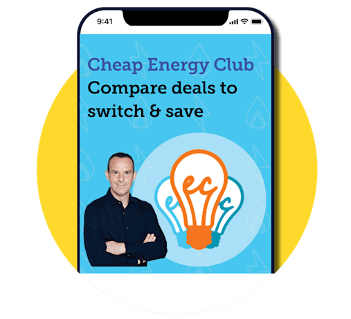 An image of a mobile phone showing MSE's Cheap Energy Club homepage on the screen. The image links to Cheap Energy Club.