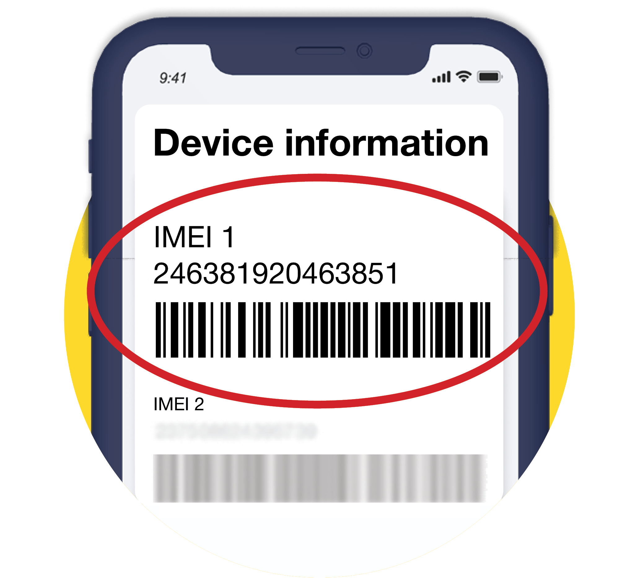 A mobile phone screen displaying its "device information", with an IMEI number and barcode being circled. Link takes you to the IMEI point within our '16 tips to protect your phone from thieves' guide.
