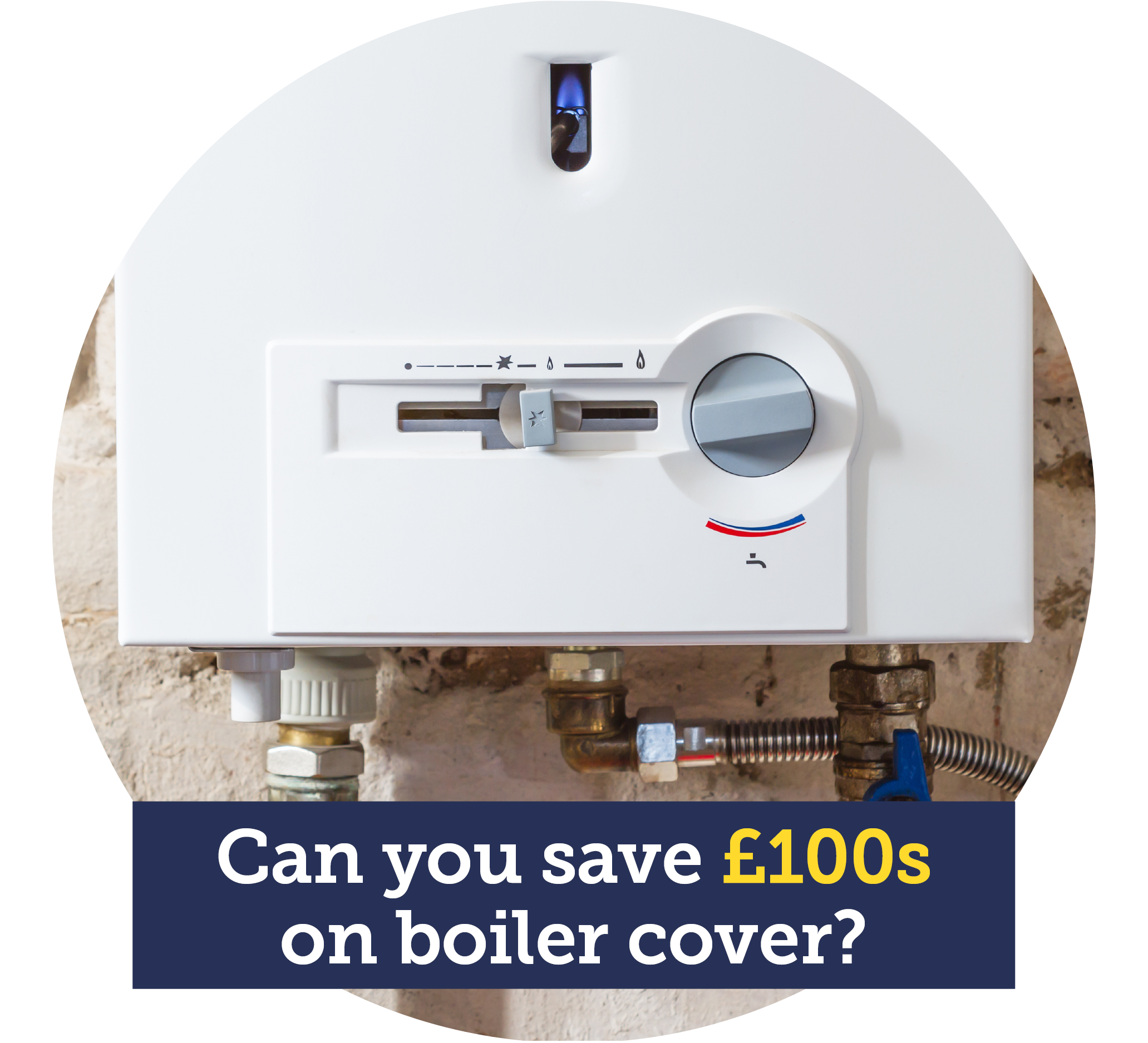 A boiler with overlaid text saying: 'Can you save £100s on boiler cover?. The link takes you to our Cheap boiler cover guide.