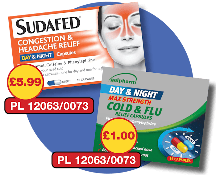 Image showing a Sudafed Congestion and Headache Relief Day & Night capsule box with a PL number of PL 12063/0073 with a price tag of £5.99 and a Galpharm Day & Night Max Strength Cold & Flu relief capsules box with a PL number of PL 12063/0073, and a price tag of £1. The image links to MSE's Cheap Prescriptions guide.