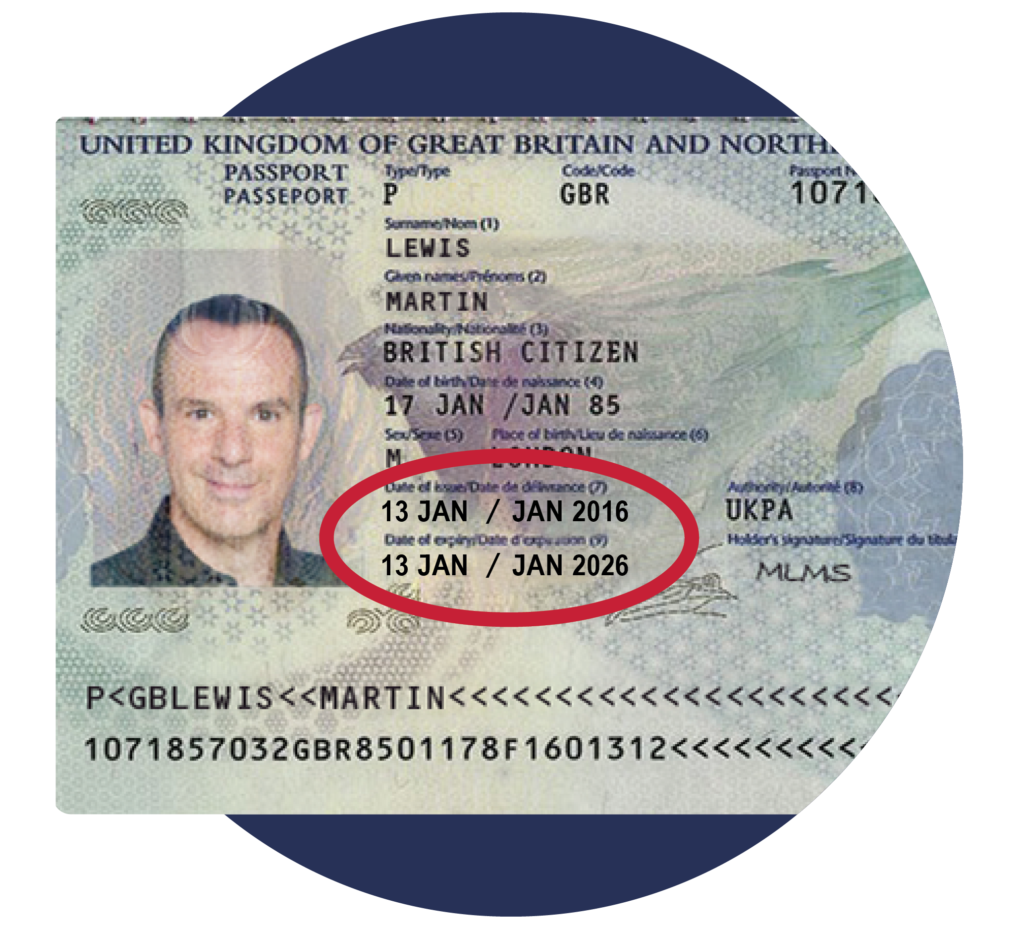 Mock-up of MoneySavingExpert.com founder Martin Lewis's passport, with the issue date of 13 Jan 2016 and the expiry date of 13 January 2026 highlighted with a red rectangle around them. Link takes you to our Passport renewal tips guide.
