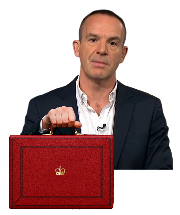 A photo of Martin edited to make it look like he is holding the red Budget box. The link takes you to the MoneySavingExpert.com news homepage.
