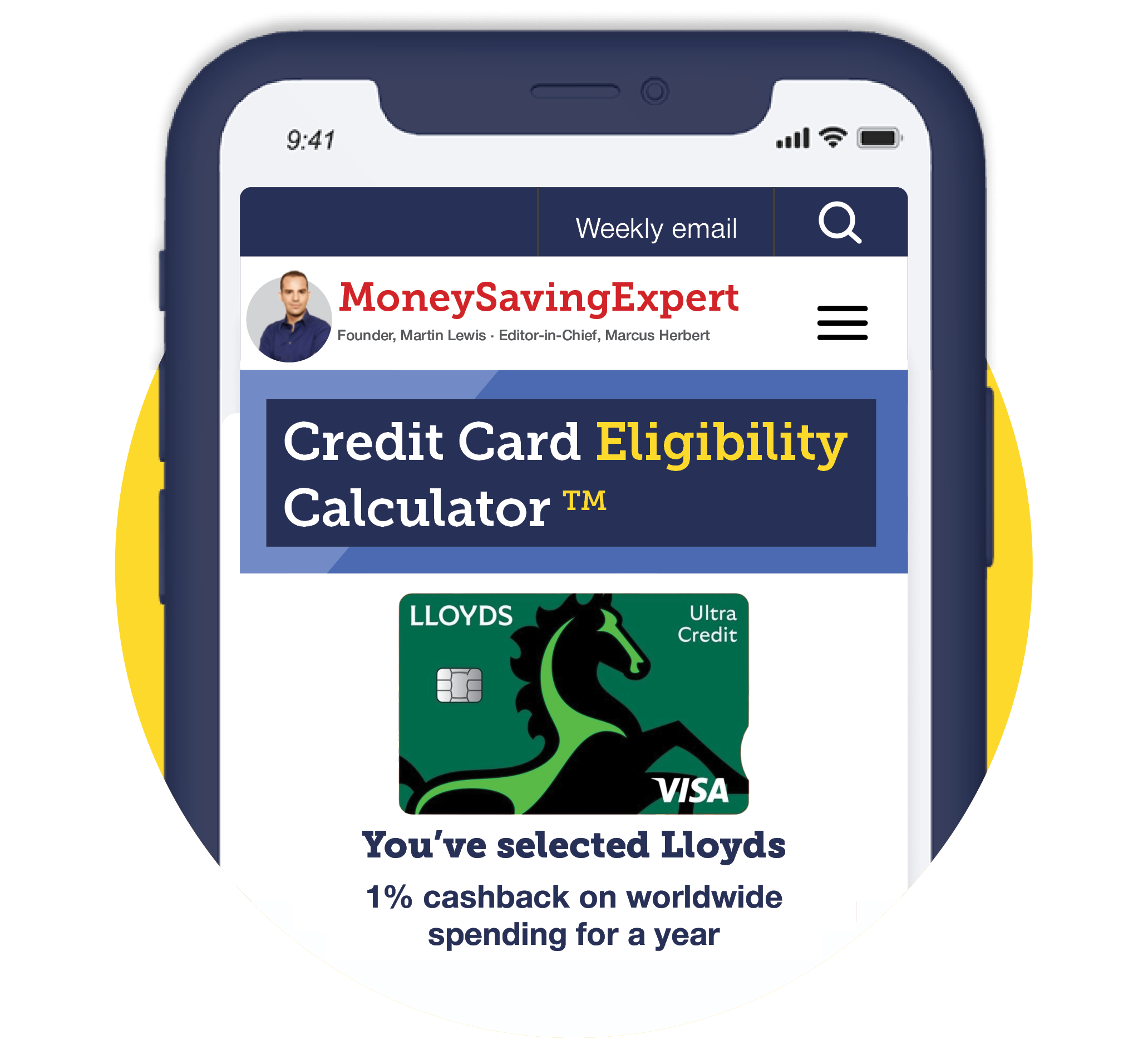 A mobile phone screen showing our Credit Card Eligibility Calculator, with a link taking you to the tool itself, where the Lloyds Ultra credit card is already selected.