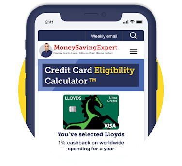A mobile phone screen showing our Credit Card Eligibility Calculator, with a link taking you to the tool itself, where the Lloyds Ultra credit card is already selected.