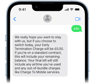A mobile phone screen displaying a text message conversation. A message in a green box reads: "INFO." One in a grey box reads, in reply to the first: "We really hope you want to stay with us, but if you choose to switch today, your Early Termination Charge will be £0.00. If you're on a standard contract, this will include your remaining balance. Your final bill will still include any airtime you've used and any out-of-bundle charges like Charge To Mobile Services." Link takes you to our Cheap Sim Finder tool.